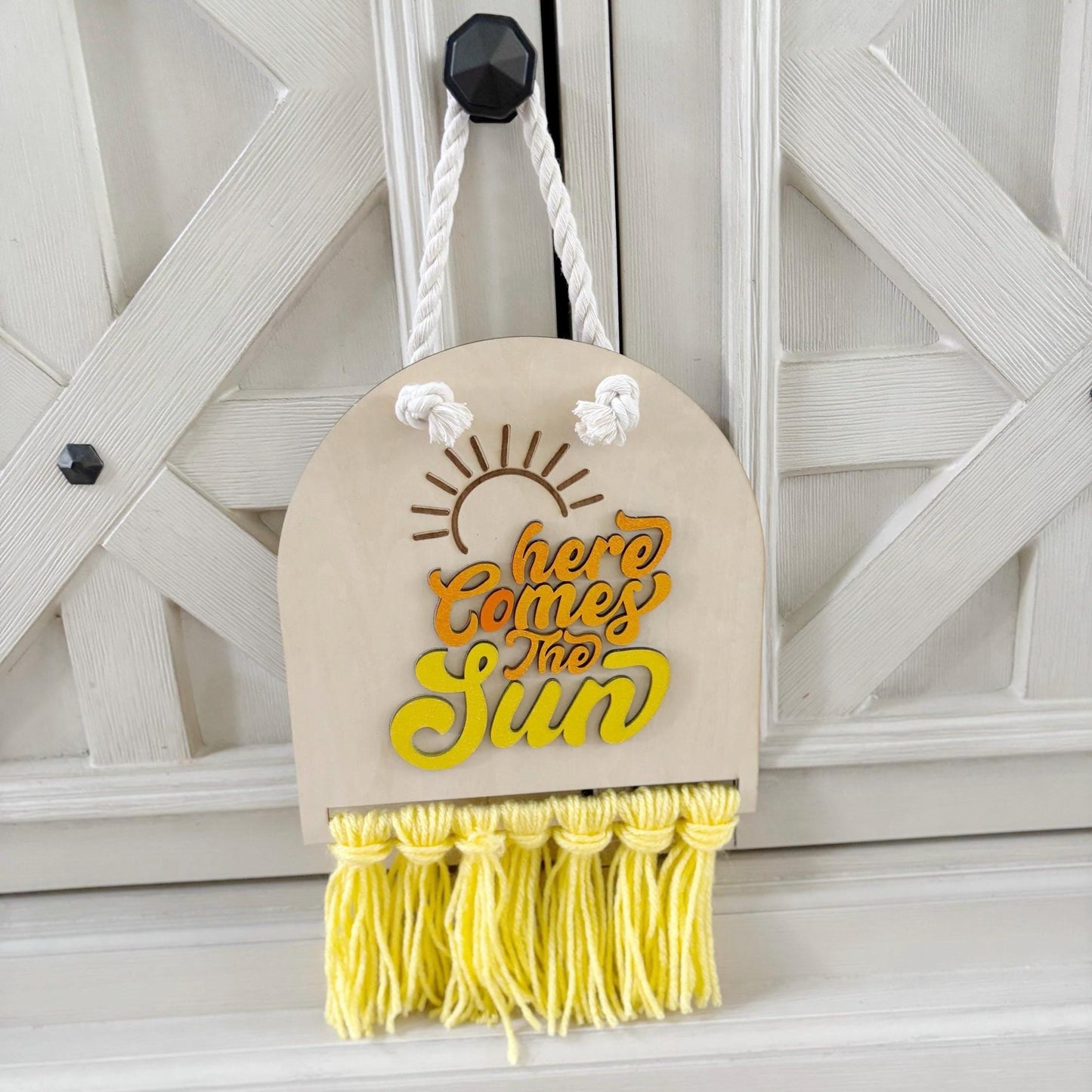 Here Comes the Sun Wall Sign β Boho Nursery Decor with Yellow Fringe | Handmade Wooden Wall Hanging | Positive Quote Kids Room Art Girly