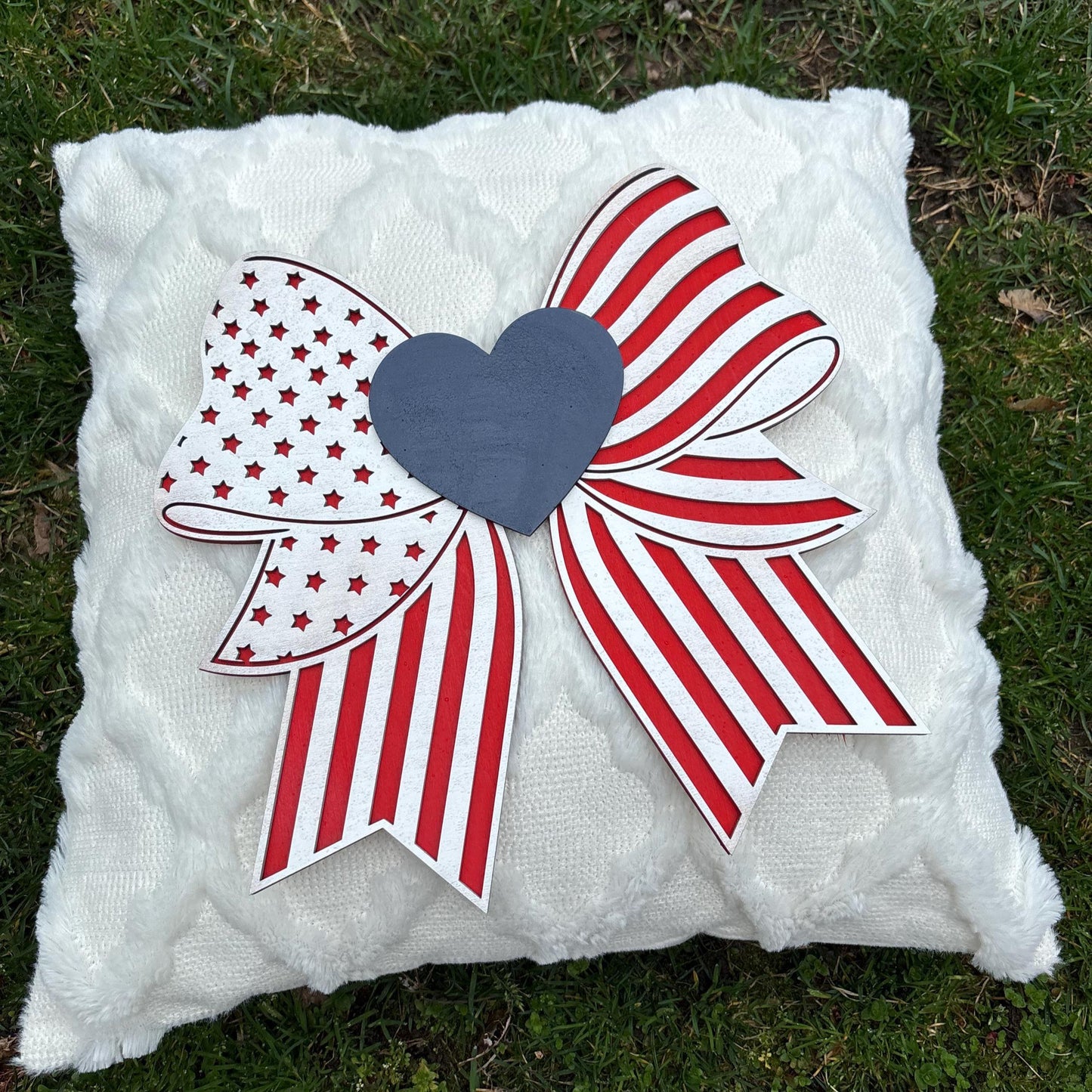 Patriotic Bow Wall Sign โ Red, White & Blue Americana Decor | Handmade Wooden 4th of July Sign | Farmhouse Porch or Mantel Decoration USA