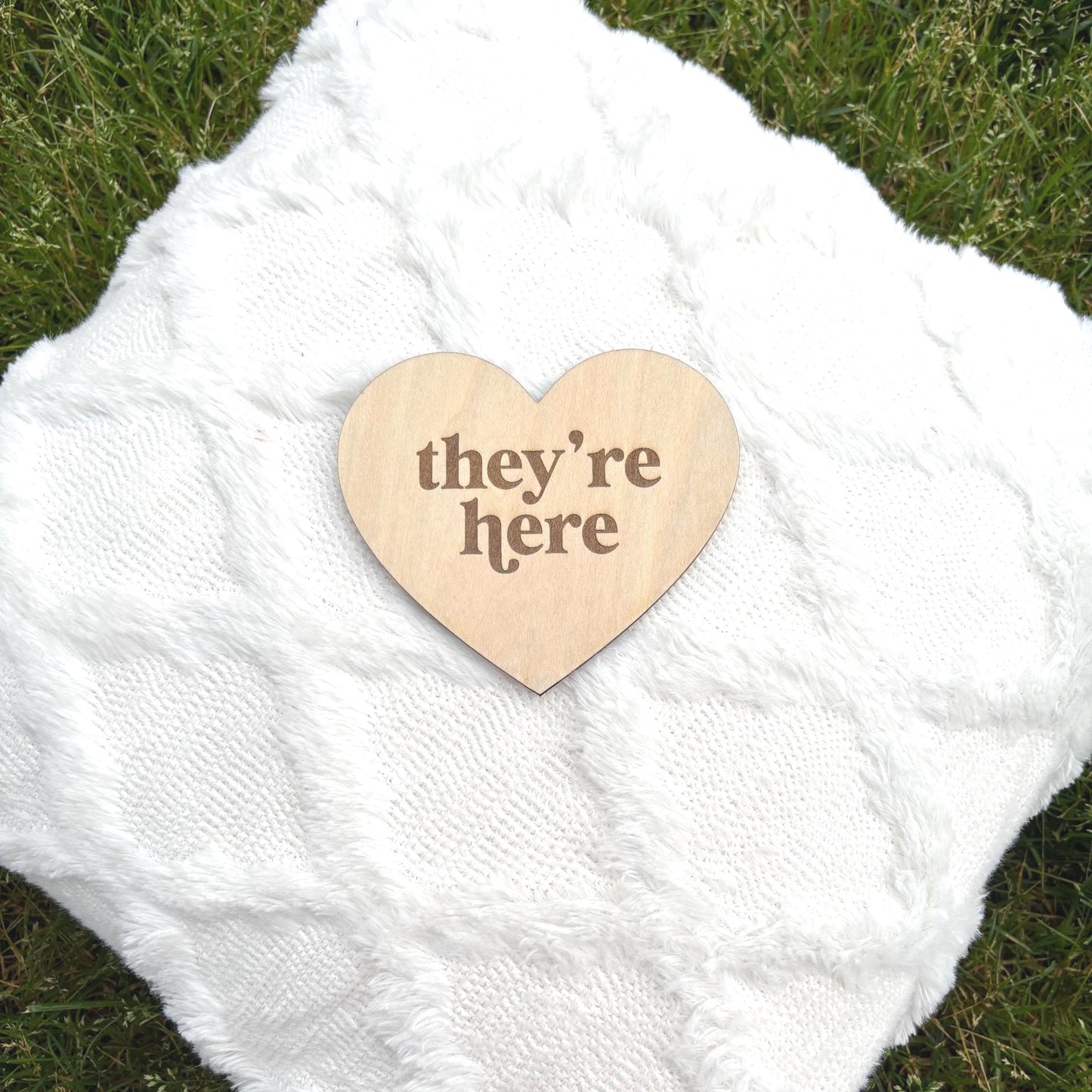 They’re Here wooden heart sign – perfect for birth announcements, twin reveals, or gender-neutral baby photos. A timeless keepsake Girl Boy