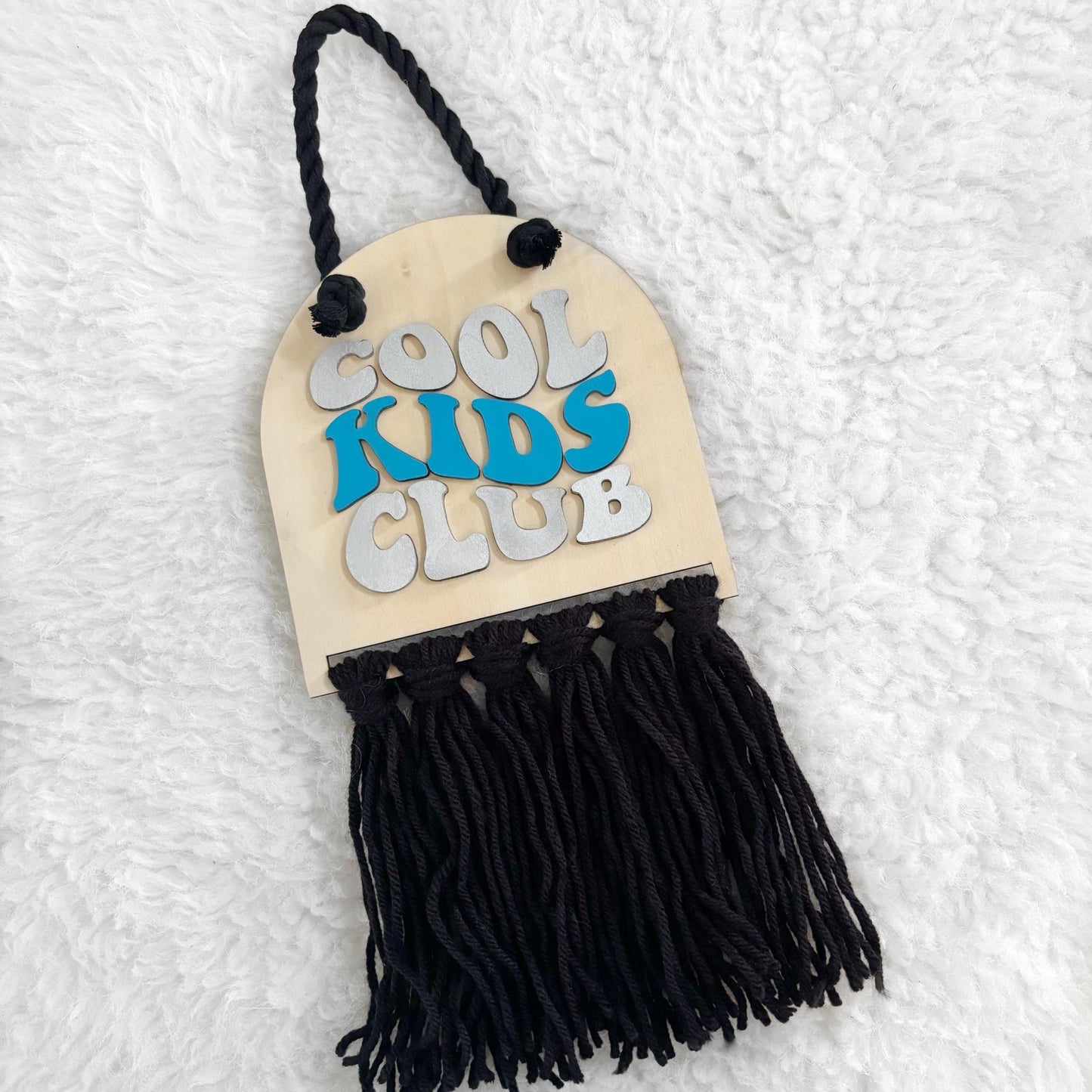 Cool Kids Club Wall Sign – Modern Kids Room Decor | Handmade Laser-Cut Wood Wall Hanging with Black Fringe | Playroom or Nursery Art Boys