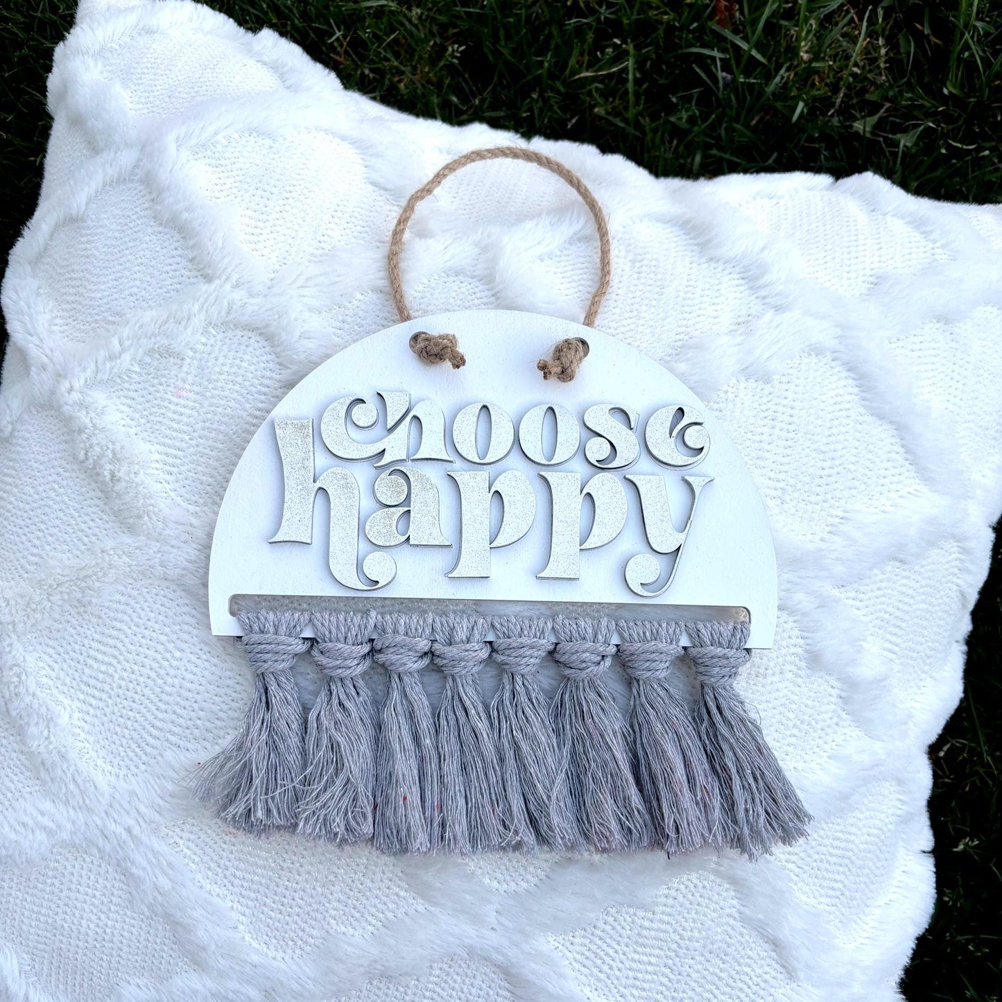 Choose Happy Boho Wall Hanging – White & Gray Neutral Decor with Fringe | Uplifting Sign for Nursery, Office, or Bedroom Motivation Neutral