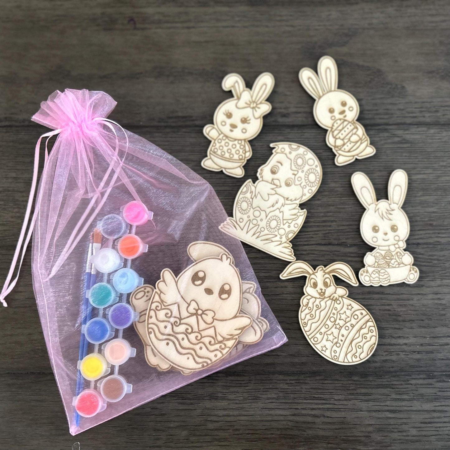 Easter Wooden DIY Coloring Set For Kids β’ Set of 10 Colorful Paint Set Wooden Unfinished Bunny Rabbit Holiday Painting Creative Wooden Toys