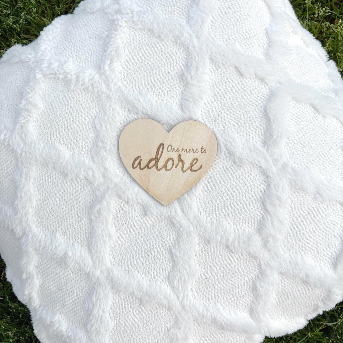 One More to Adore Baby Announcement Sign β Wooden Heart Pregnancy Reveal Keepsake Minimalist Nursery Shelf Decor Third Pregnancy Mother Mom