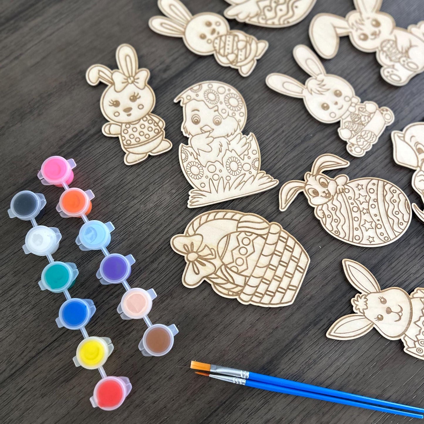 Easter Wooden DIY Coloring Set For Kids β’ Set of 10 Colorful Paint Set Wooden Unfinished Bunny Rabbit Holiday Painting Creative Wooden Toys