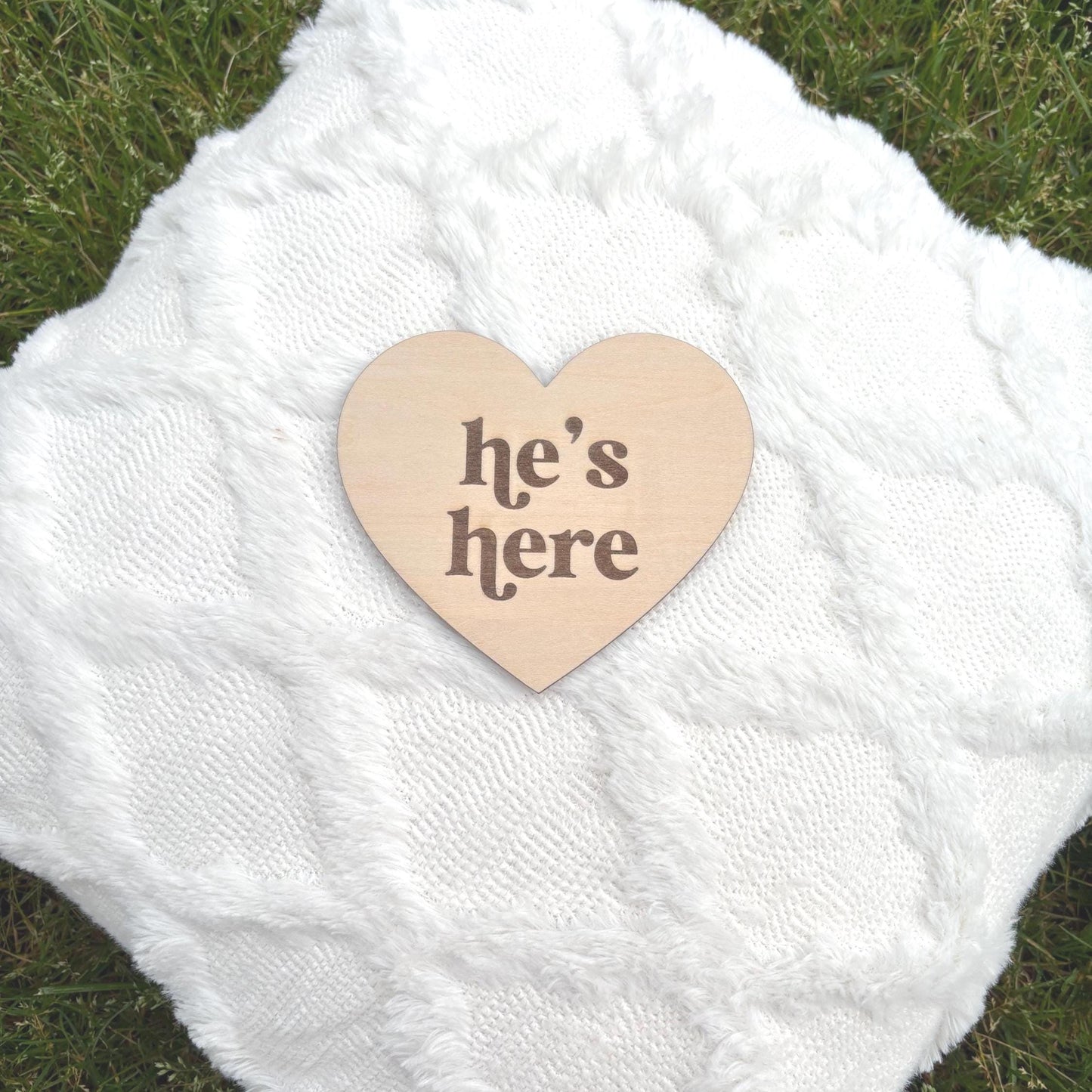 Gender Announcement Heart Set – He’s Here She’s Here Signs | Baltic Birch Wood | Baby Reveal Gift | Pregnancy Announcement Keepsake Newborn