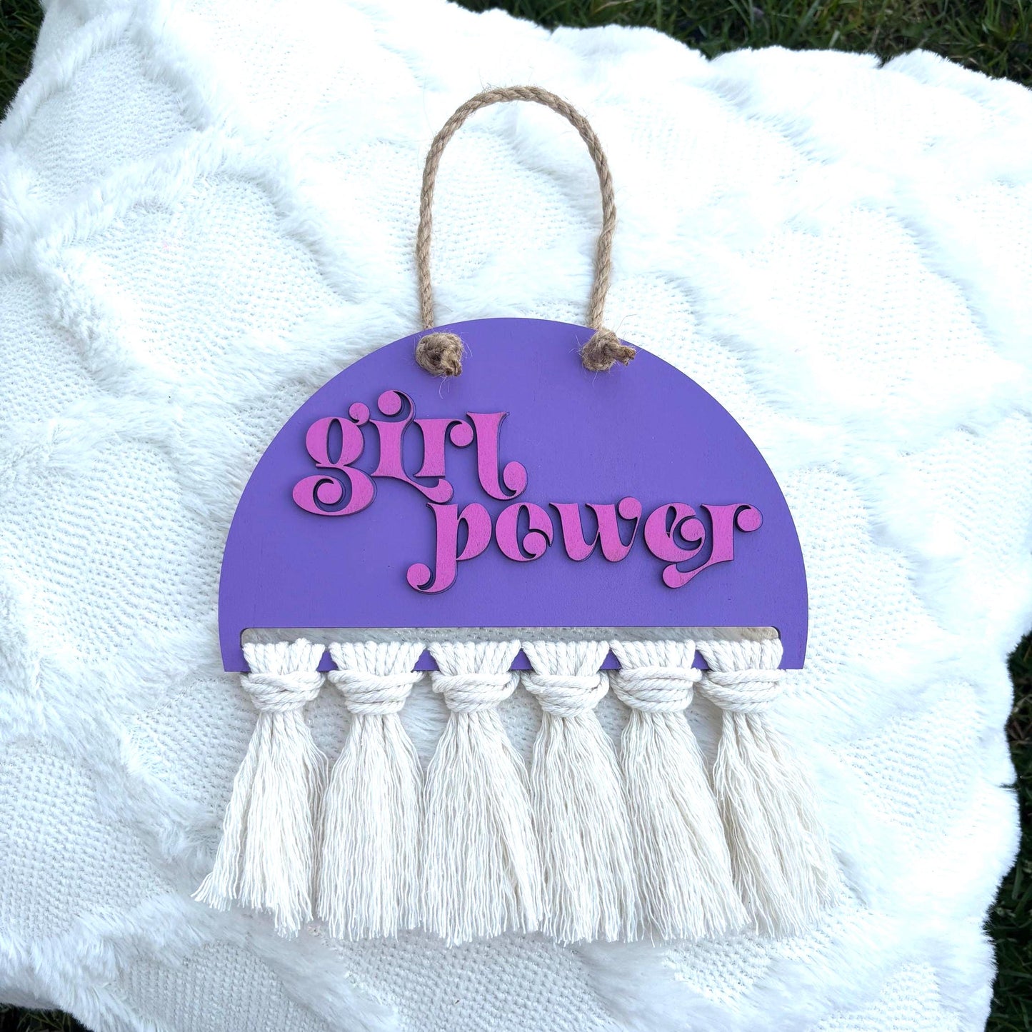 Girl Power Boho Wall Hanging – Purple & Pink Feminist Decor Cream Fringe | Empowering Nursery Girl’s Room Sign Kids Room Art Girly Decor