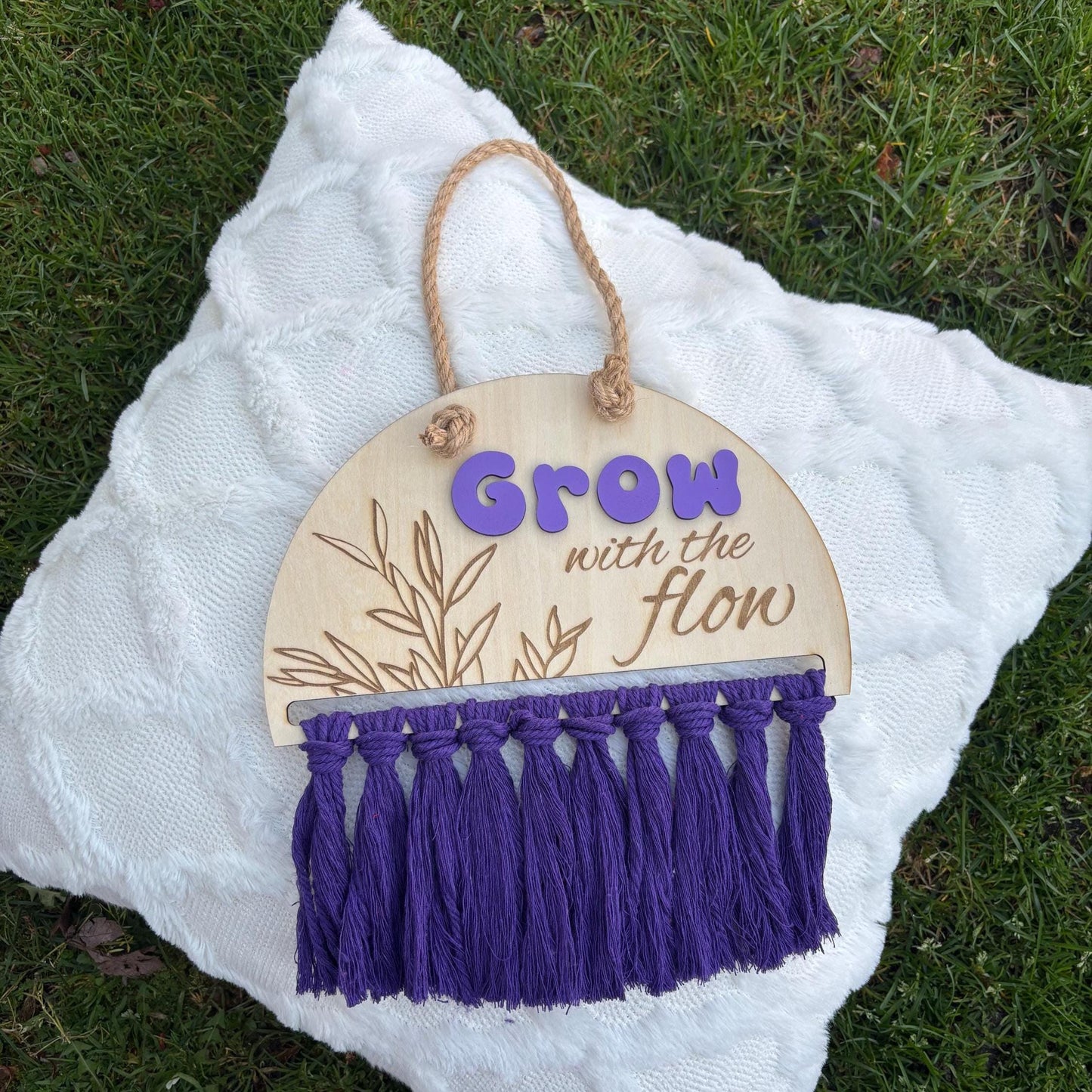 Grow with the Flow Boho Wall Sign β Laser Cut Wood Hanging Fringe | Inspirational Nursery or Room Decor Garden Plants Life Motivation Girly