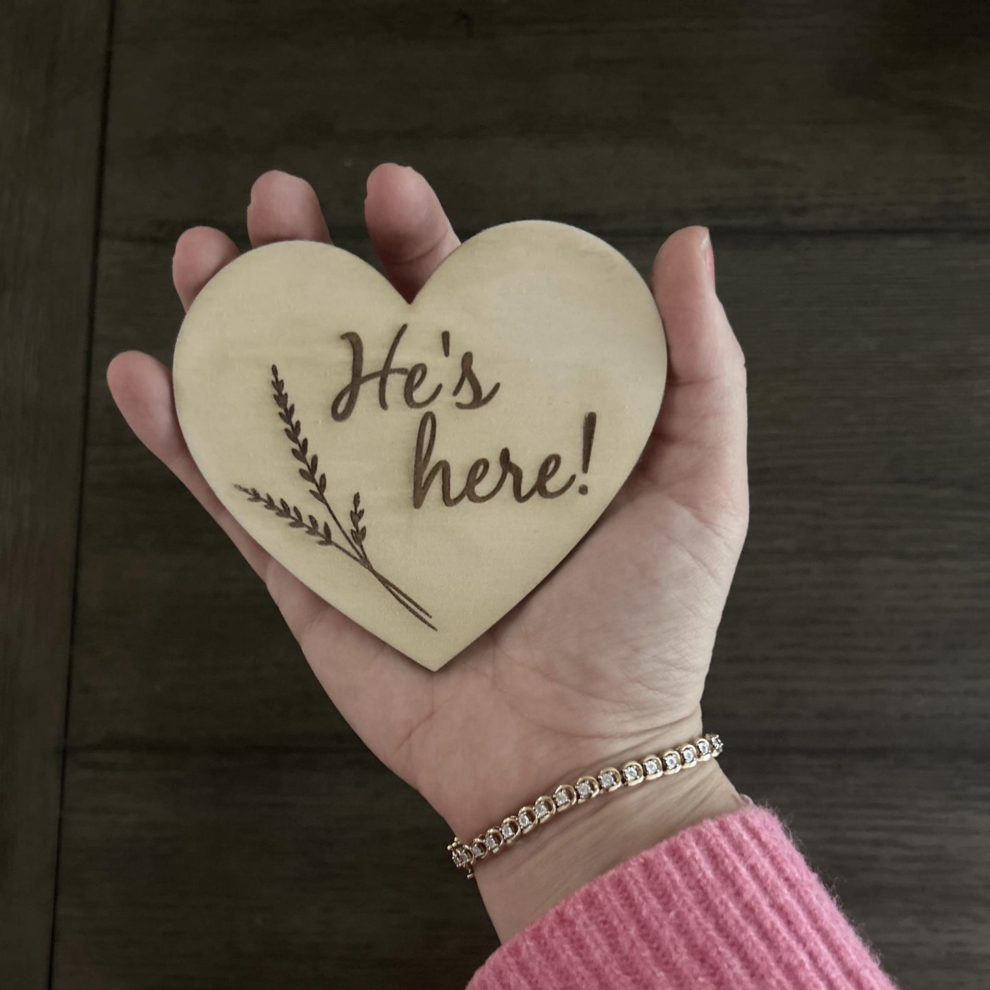 Gender Announcement Heart Set – He’s Here She’s Here Signs | Baltic Birch Wood | Baby Reveal Gift | Pregnancy Announcement Keepsake Newborn
