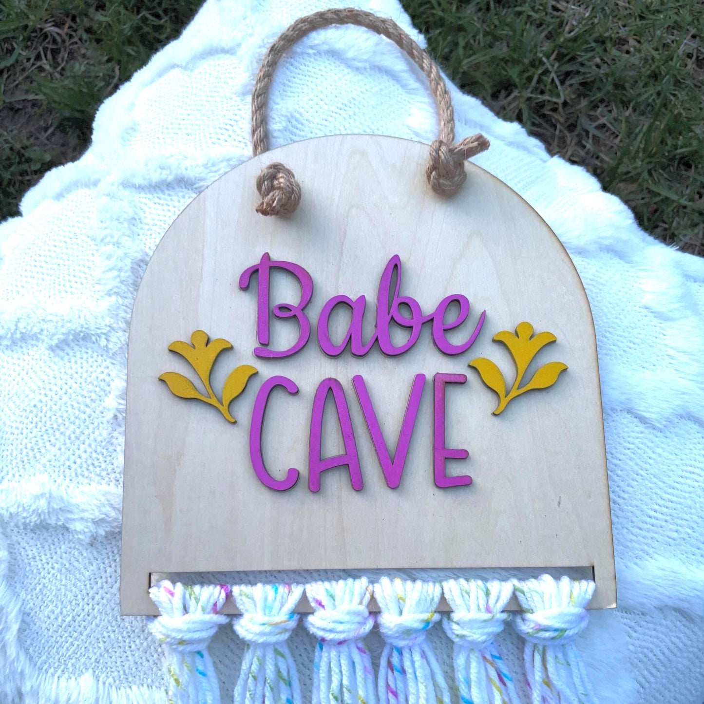 Babe Cave Wall Sign โ Handmade Wood Room Decor | Pink & Yellow Floral Wall Hanging Fringe | Dorm, Bedroom She-Shed Art Girly Girls Nursery