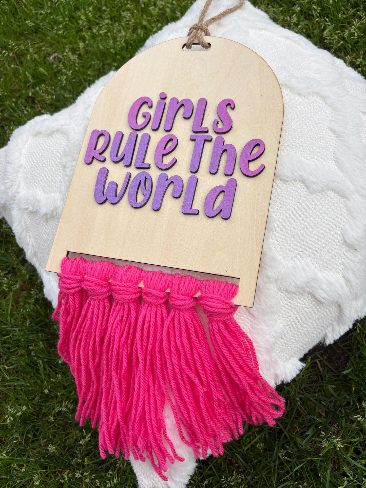 Girls Rule the World Wall Hanging | Girls Room Decor | Feminist Wall Art | Handmade Banner | Inspirational Nursery Decor | Pink Fringe Sign