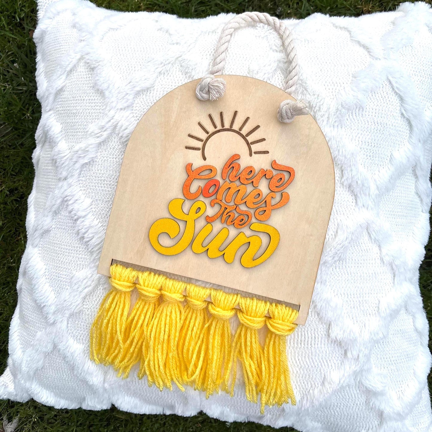 Here Comes the Sun Wall Sign β Boho Nursery Decor with Yellow Fringe | Handmade Wooden Wall Hanging | Positive Quote Kids Room Art Girly