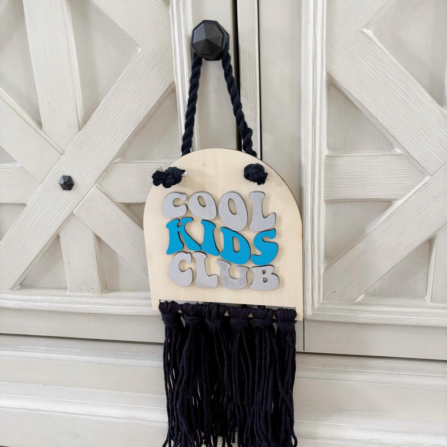 Cool Kids Club Wall Sign – Modern Kids Room Decor | Handmade Laser-Cut Wood Wall Hanging with Black Fringe | Playroom or Nursery Art Boys