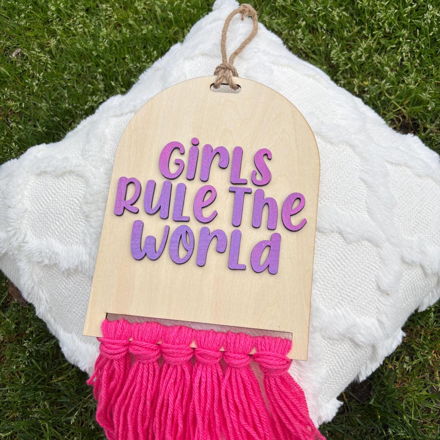 Girls Rule the World Wall Hanging | Girls Room Decor | Feminist Wall Art | Handmade Banner | Inspirational Nursery Decor | Pink Fringe Sign