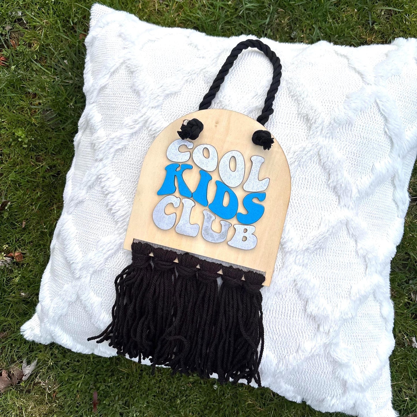 Cool Kids Club Wall Sign – Modern Kids Room Decor | Handmade Laser-Cut Wood Wall Hanging with Black Fringe | Playroom or Nursery Art Boys