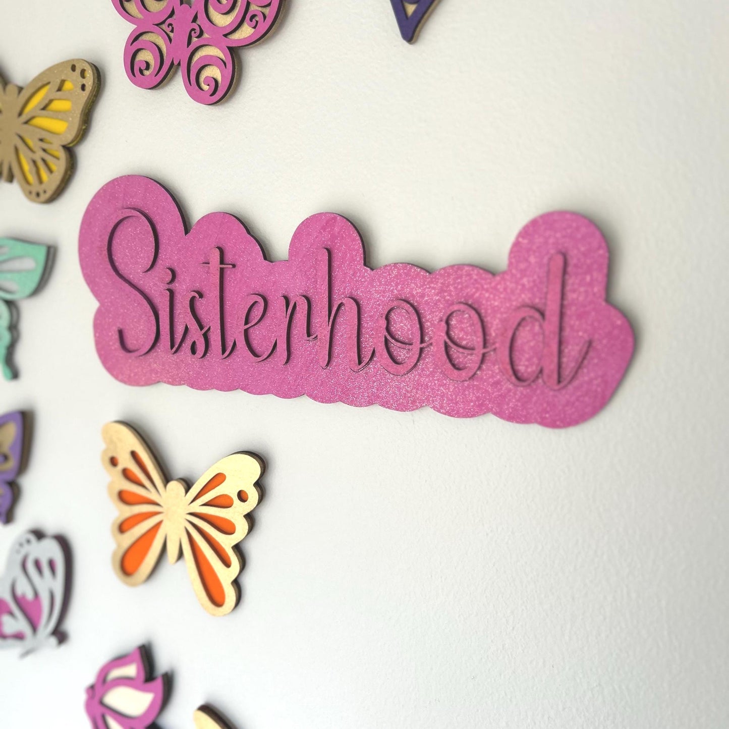 Sisterhood Wooden Wall Sign – Layered Laser Cut Word Art | Glitter Pink Decor | Friendship Gift or Girls Room Accent Twins Sisters