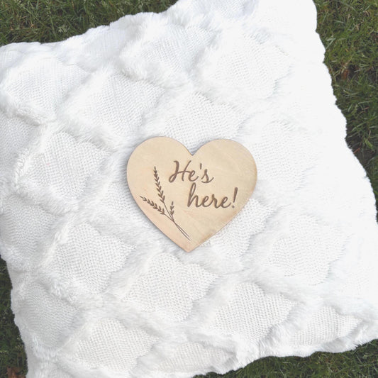 Gender Announcement Heart Set – He’s Here She’s Here Signs | Baltic Birch Wood | Baby Reveal Gift | Pregnancy Announcement Keepsake Newborn