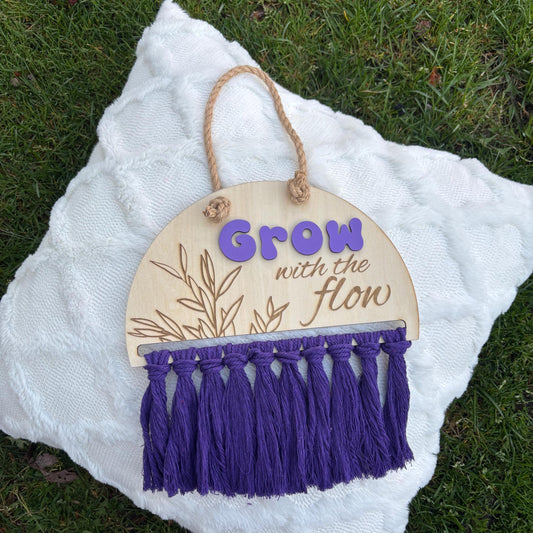 Grow with the Flow Boho Wall Sign – Laser Cut Wood Hanging Fringe | Inspirational Nursery or Room Decor Garden Plants Life Motivation Girly