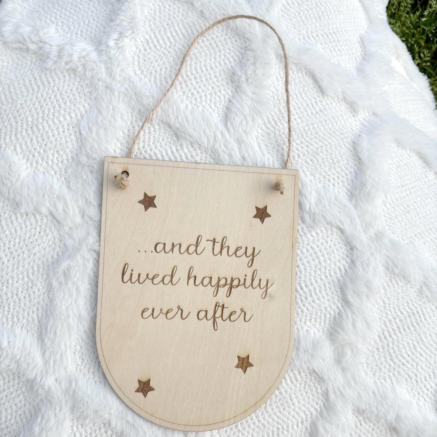 Happily Ever After Wood Banner – Fairytale Quote Sign with Stars – Rustic Nursery Wall Hanging or Kids Room Decor