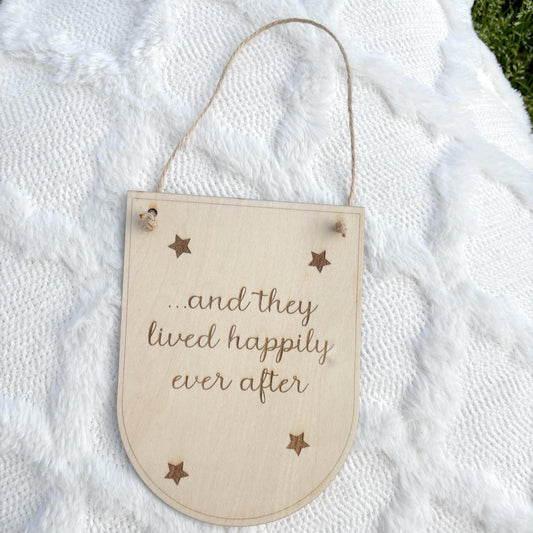 Happily Ever After Wood Banner – Fairytale Quote Sign with Stars – Rustic Nursery Wall Hanging or Kids Room Decor