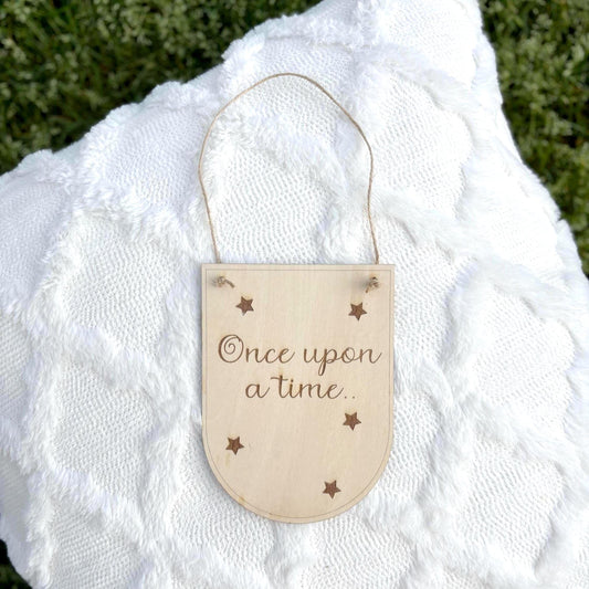 Once Upon a Time Wooden Banner Sign – Fairytale Quote Nursery Wall Decor with Stars – Rustic Kids Room or Story Corner Sign Girly Bedroom