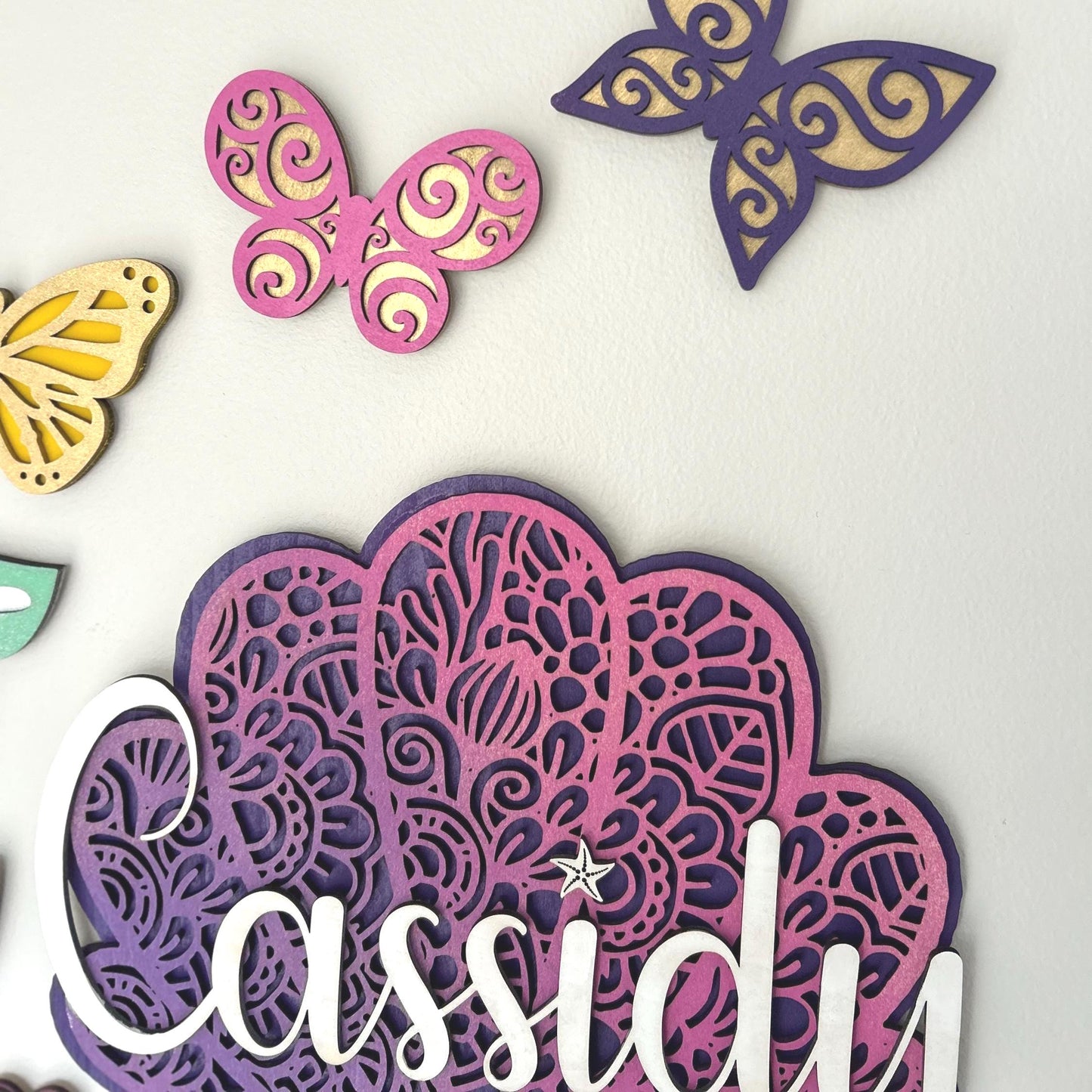 Seashell Name Wall Sign – Personalized Coastal Nursery Decor | Handmade Paper Cut Look | Beach-Themed Kids Room or Bedroom Wall Art Girls