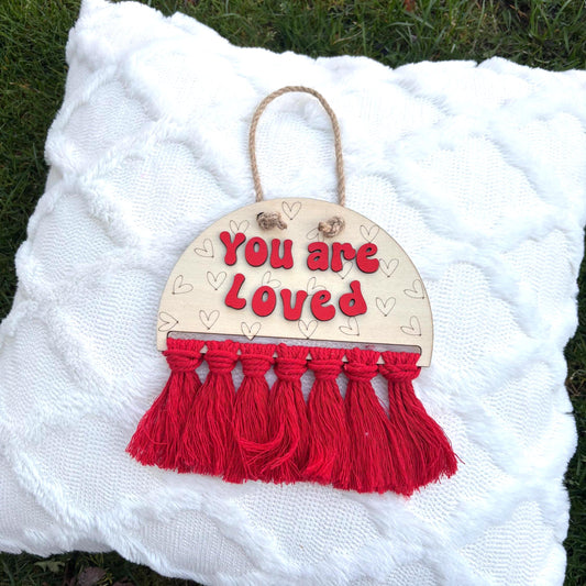 You Are Loved Boho Wall Sign – Red Fringe Inspirational Hanging for Nursery, Kids Room, or Gift | Handmade Wood Heart Decor Girl Bedroom Art