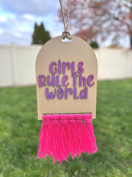 Girls Rule the World Wall Hanging | Girls Room Decor | Feminist Wall Art | Handmade Banner | Inspirational Nursery Decor | Pink Fringe Sign