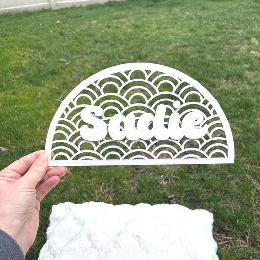 Personalized Name Sign – Half Circle Layered Wooden Wall Art | Custom Kids Room Decor | Nursery Name Plaque with Scallop Pattern