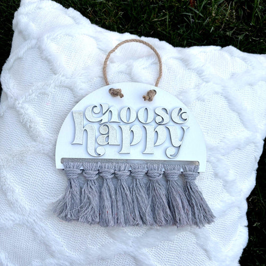 Choose Happy Boho Wall Hanging – White & Gray Neutral Decor with Fringe | Uplifting Sign for Nursery, Office, or Bedroom Motivation Neutral