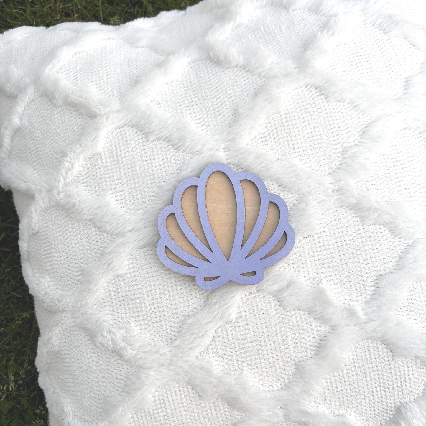 Wooden Seashell Wall Sign – Handmade Coastal Nursery Decor | Lavender & Natural Beach-Themed Wall Art | Baby Shower or Ocean Room Gift