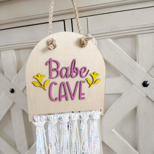 Babe Cave Wall Sign – Handmade Wood Room Decor | Pink & Yellow Floral Wall Hanging Fringe | Dorm, Bedroom She-Shed Art Girly Girls Nursery