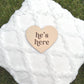 Gender Announcement Heart Set – He’s Here She’s Here Signs | Baltic Birch Wood | Baby Reveal Gift | Pregnancy Announcement Keepsake Newborn