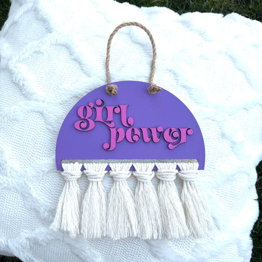 Girl Power Boho Wall Hanging – Purple & Pink Feminist Decor Cream Fringe | Empowering Nursery Girl’s Room Sign Kids Room Art Girly Decor