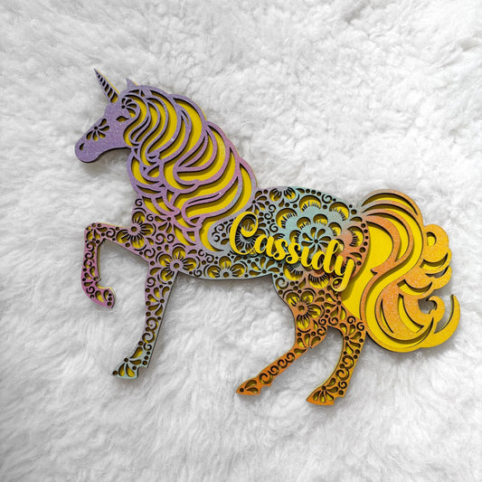 Personalized Unicorn Wall Sign – Custom Laser Engraved Wooden Nursery Decor | Multicolor Kids Room Art | Magical Gift for Girls