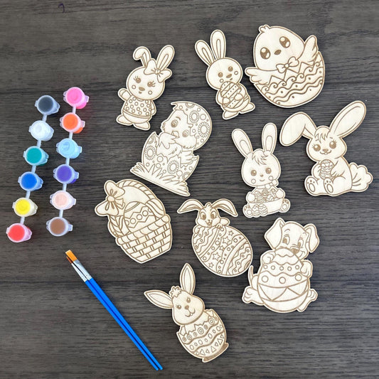 Easter Wooden DIY Coloring Set For Kids • Set of 10 Colorful Paint Set Wooden Unfinished Bunny Rabbit Holiday Painting Creative Wooden Toys