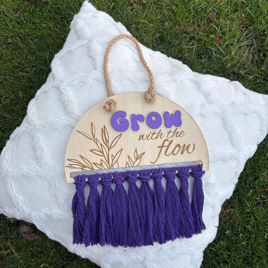 Grow with the Flow Boho Wall Sign – Laser Cut Wood Hanging Fringe | Inspirational Nursery or Room Decor Garden Plants Life Motivation Girly