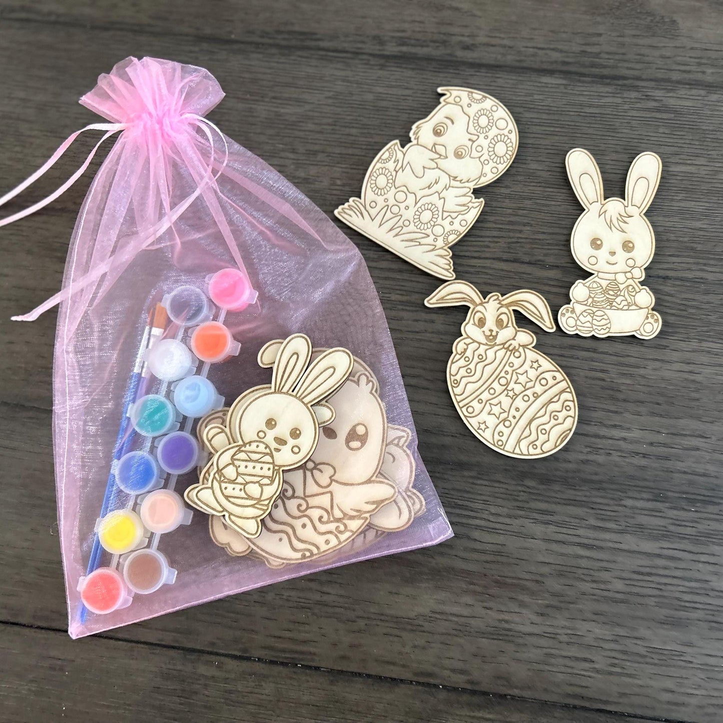 Easter Wooden DIY Coloring Set For Kids • Set of 10 Colorful Paint Set Wooden Unfinished Bunny Rabbit Holiday Painting Creative Wooden Toys