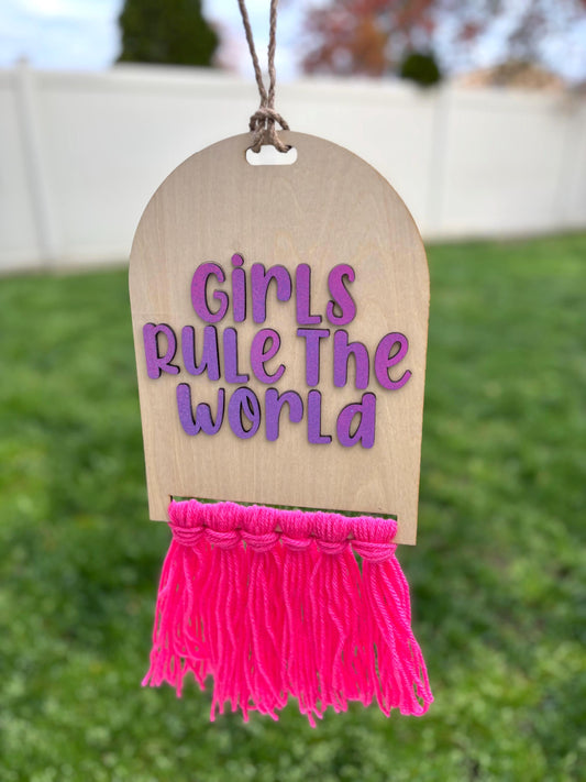Girls Rule the World Wall Hanging | Girls Room Decor | Feminist Wall Art | Handmade Banner | Inspirational Nursery Decor | Pink Fringe Sign