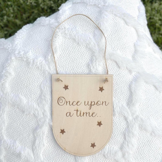 Once Upon a Time Wooden Banner Sign – Fairytale Quote Nursery Wall Decor with Stars – Rustic Kids Room or Story Corner Sign Girly Bedroom
