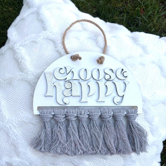 Choose Happy Boho Wall Hanging – White & Gray Neutral Decor with Fringe | Uplifting Sign for Nursery, Office, or Bedroom Motivation Neutral