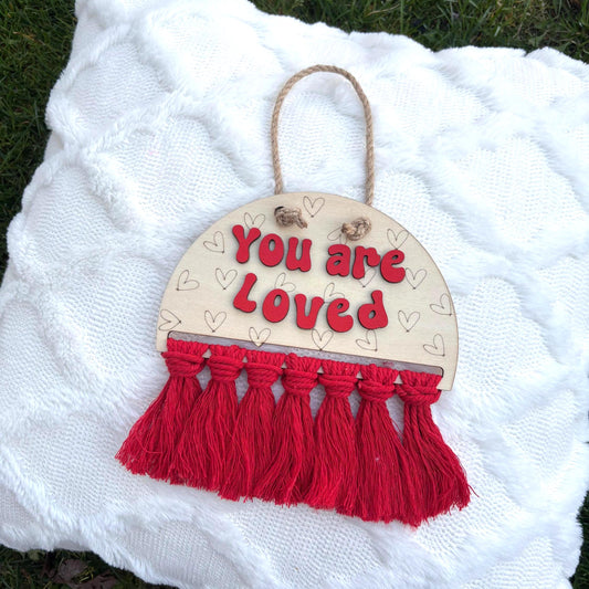 You Are Loved Boho Wall Sign – Red Fringe Inspirational Hanging for Nursery, Kids Room, or Gift | Handmade Wood Heart Decor Girl Bedroom Art