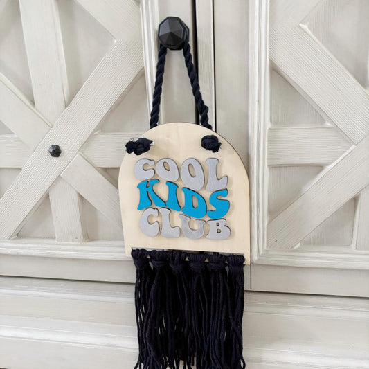 Cool Kids Club Wall Sign – Modern Kids Room Decor | Handmade Laser-Cut Wood Wall Hanging with Black Fringe | Playroom or Nursery Art Boys