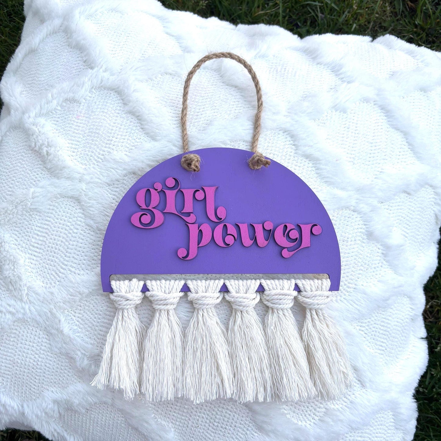 Girl Power Boho Wall Hanging – Purple & Pink Feminist Decor Cream Fringe | Empowering Nursery Girl’s Room Sign Kids Room Art Girly Decor