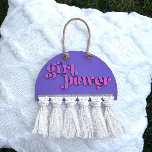 Girl Power Boho Wall Hanging – Purple & Pink Feminist Decor Cream Fringe | Empowering Nursery Girl’s Room Sign Kids Room Art Girly Decor