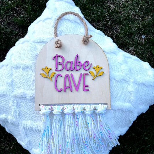 Babe Cave Wall Sign – Handmade Wood Room Decor | Pink & Yellow Floral Wall Hanging Fringe | Dorm, Bedroom She-Shed Art Girly Girls Nursery