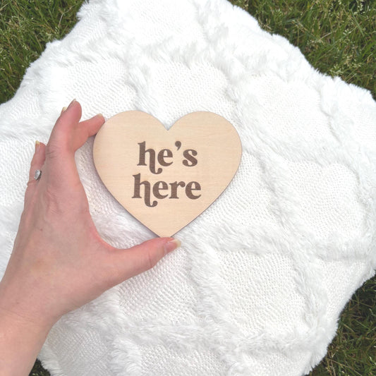 Gender Announcement Heart Set – He’s Here She’s Here Signs | Baltic Birch Wood | Baby Reveal Gift | Pregnancy Announcement Keepsake Newborn