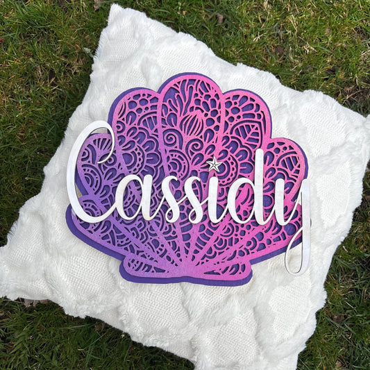 Seashell Name Wall Sign – Personalized Coastal Nursery Decor | Handmade Paper Cut Look | Beach-Themed Kids Room or Bedroom Wall Art Girls