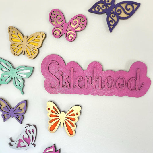 Sisterhood Wooden Wall Sign – Layered Laser Cut Word Art | Glitter Pink Decor | Friendship Gift or Girls Room Accent Twins Sisters