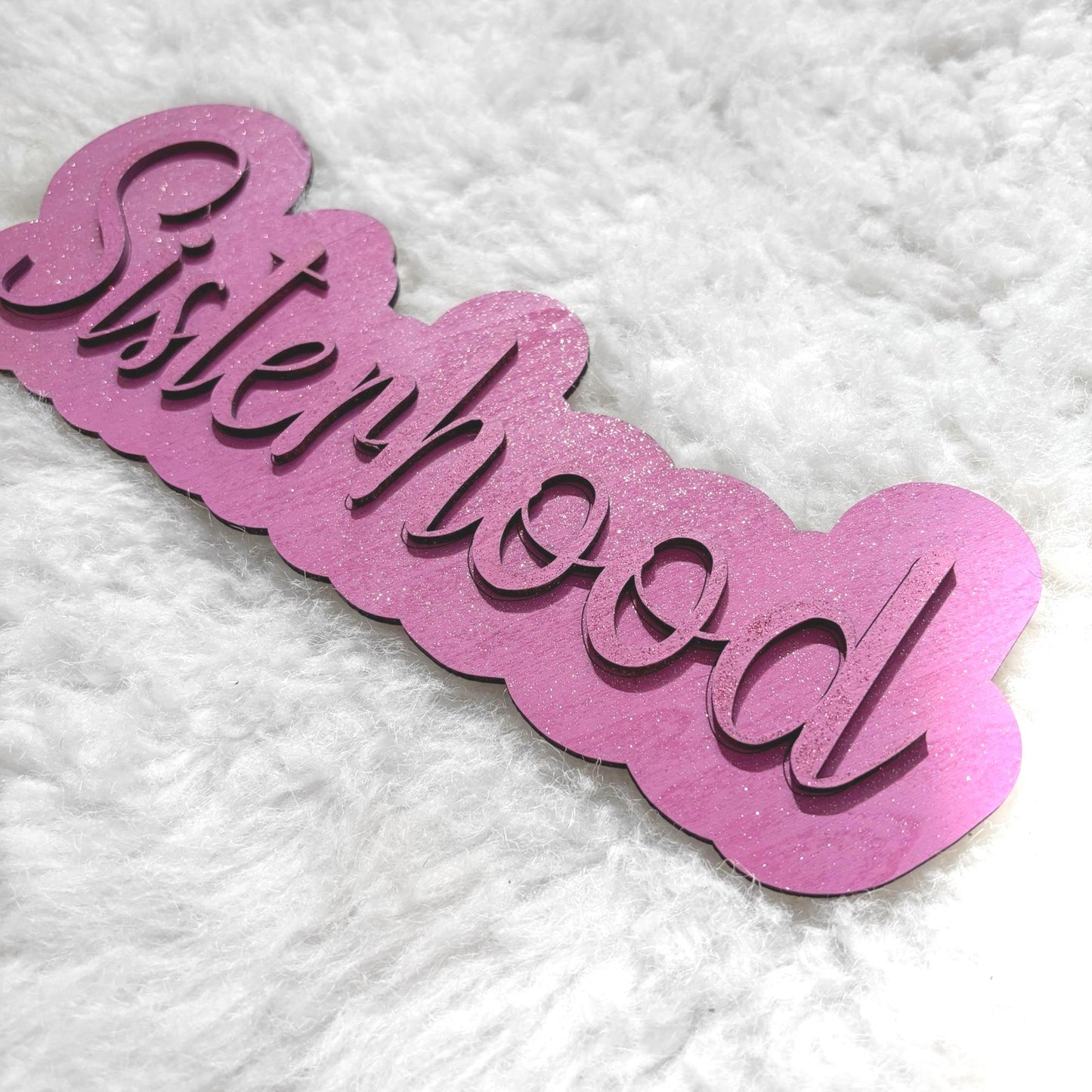 Sisterhood Wooden Wall Sign – Layered Laser Cut Word Art | Glitter Pink Decor | Friendship Gift or Girls Room Accent Twins Sisters