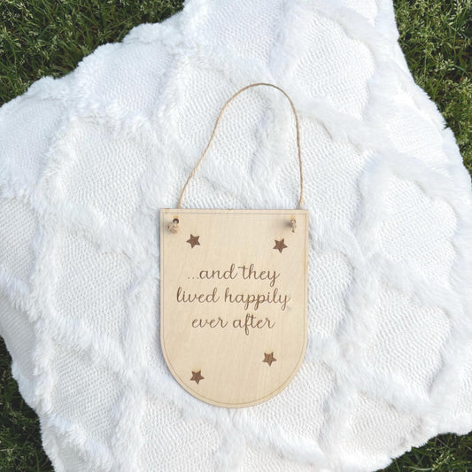 Happily Ever After Wood Banner – Fairytale Quote Sign with Stars – Rustic Nursery Wall Hanging or Kids Room Decor